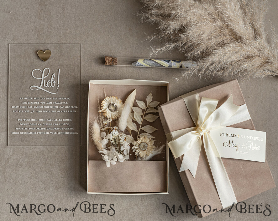 FRISCH VERHEIRATETES PAAR GESCHENKE Geldgeschenk zur Hochzeit Geschenkschachtel für Geld Geldgeschenk zur Hochzeit mit Strauß aus Trockenblumen personalisiert