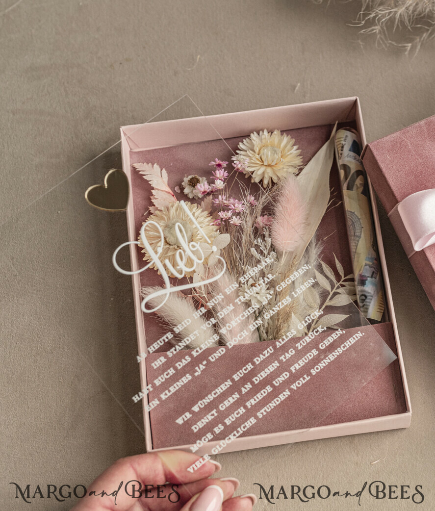 FRISCH VERHEIRATETES PAAR GESCHENKE Geldgeschenk zur Hochzeit Geschenkschachtel für Geld Geldgeschenk zur Hochzeit mit Strauß aus Trockenblumen personalisiert