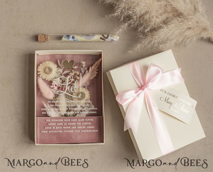 FRISCH VERHEIRATETES PAAR GESCHENKE Geldgeschenk zur Hochzeit Geschenkschachtel für Geld Geldgeschenk zur Hochzeit mit Strauß aus Trockenblumen personalisiert, Reagenzglas für Geld.