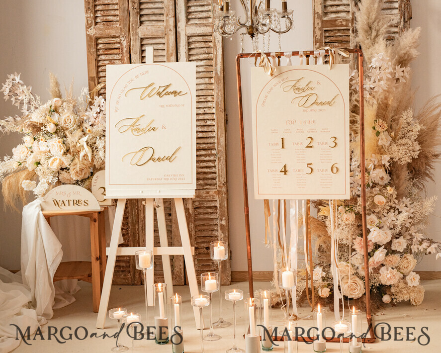 TISCHDEKORATIONSCHILDER   Samt Tischnummern und Dekoration Acrylbogen Tischnummer & Dinner-Menü-Kombination, gefrorenes Elfenbein-Acryl-Gold-Schild, goldene gefrostete Plexi-Velours-Tischnummern & Menü-Kombination, luxuriöse Hochzeits-Tischdekoration, Hochzeitsbeschilderung goldene Spiegeltischnummern & Menü