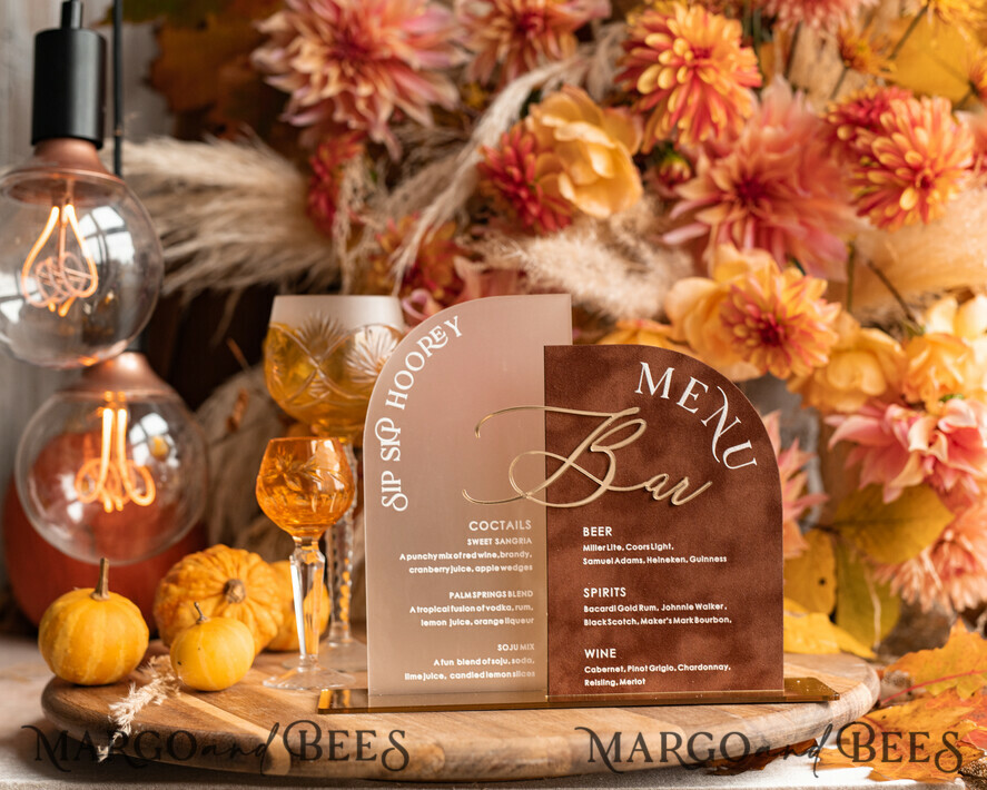 TISCHDEKORATIONSCHILDER   Samt Tischnummern und Dekoration Acrylic Arch Bar Menü-Kombination, klares Plexiglas Gold Rost Samt Getränkebar-Menü-Schild mit Ständer, Terracotta Plexi Tischbar-Menü-Kombination Luxus Hochzeits Tischdekoration, Hochzeitsbeschilderung verbranntes Orange Getränkebar-Menü