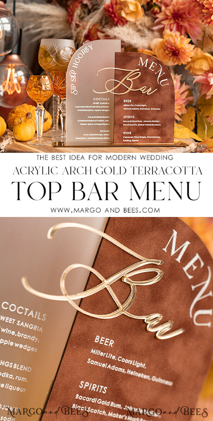 TISCHDEKORATIONSCHILDER   Samt Tischnummern und Dekoration Acrylic Arch Bar Menü-Kombination, klares Plexiglas Gold Rost Samt Getränkebar-Menü-Schild mit Ständer, Terracotta Plexi Tischbar-Menü-Kombination Luxus Hochzeits Tischdekoration, Hochzeitsbeschilderung verbranntes Orange Getränkebar-Menü