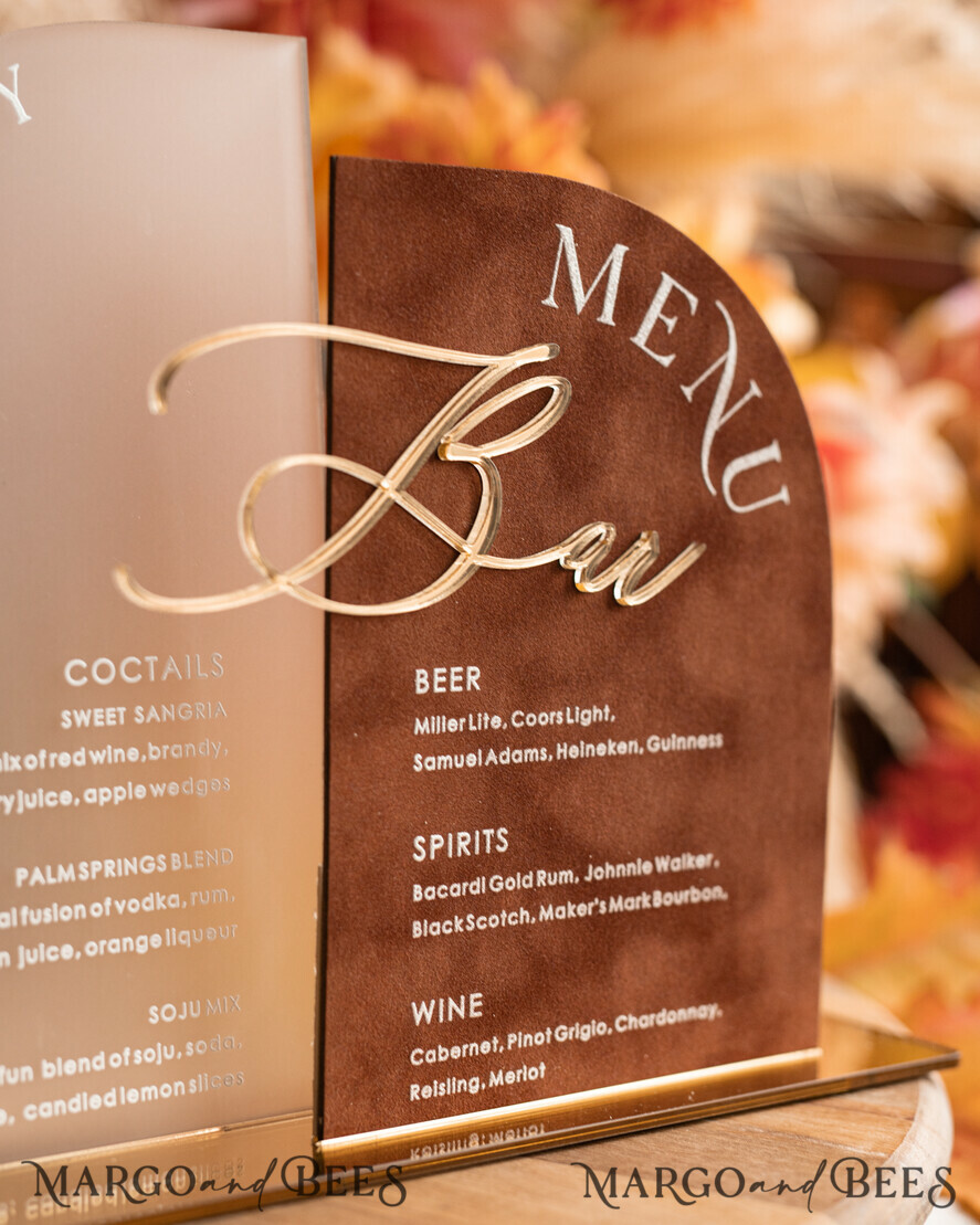 TISCHDEKORATIONSCHILDER   Samt Tischnummern und Dekoration Acrylic Arch Bar Menü-Kombination, klares Plexiglas Gold Rost Samt Getränkebar-Menü-Schild mit Ständer, Terracotta Plexi Tischbar-Menü-Kombination Luxus Hochzeits Tischdekoration, Hochzeitsbeschilderung verbranntes Orange Getränkebar-Menü