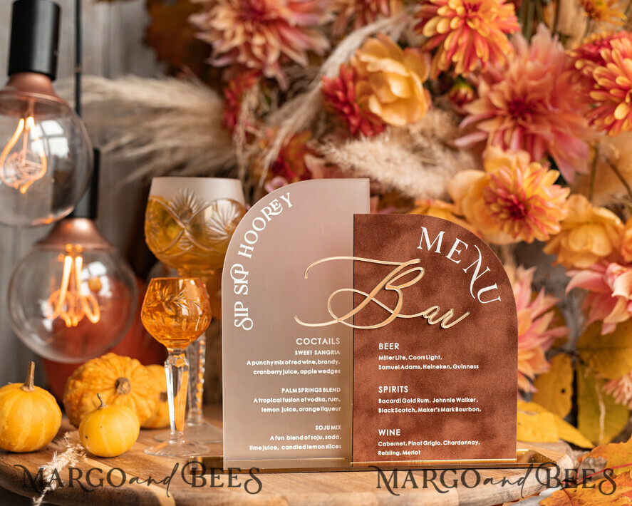 TISCHDEKORATIONSCHILDER   Samt Tischnummern und Dekoration Acrylic Arch Bar Menü-Kombination, klares Plexiglas Gold Rost Samt Getränkebar-Menü-Schild mit Ständer, Terracotta Plexi Tischbar-Menü-Kombination Luxus Hochzeits Tischdekoration, Hochzeitsbeschilderung verbranntes Orange Getränkebar-Menü