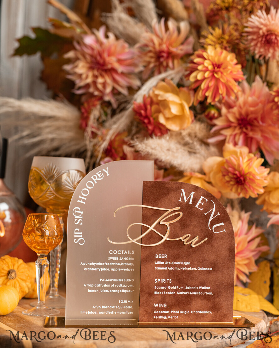 TISCHDEKORATIONSCHILDER   Samt Tischnummern und Dekoration Acrylic Arch Bar Menü-Kombination, klares Plexiglas Gold Rost Samt Getränkebar-Menü-Schild mit Ständer, Terracotta Plexi Tischbar-Menü-Kombination Luxus Hochzeits Tischdekoration, Hochzeitsbeschilderung verbranntes Orange Getränkebar-Menü