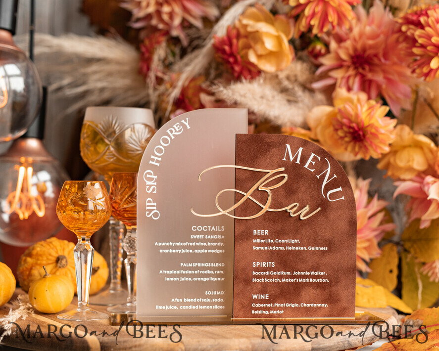 TISCHDEKORATIONSCHILDER   Samt Tischnummern und Dekoration Acrylic Arch Bar Menü-Kombination, klares Plexiglas Gold Rost Samt Getränkebar-Menü-Schild mit Ständer, Terracotta Plexi Tischbar-Menü-Kombination Luxus Hochzeits Tischdekoration, Hochzeitsbeschilderung verbranntes Orange Getränkebar-Menü