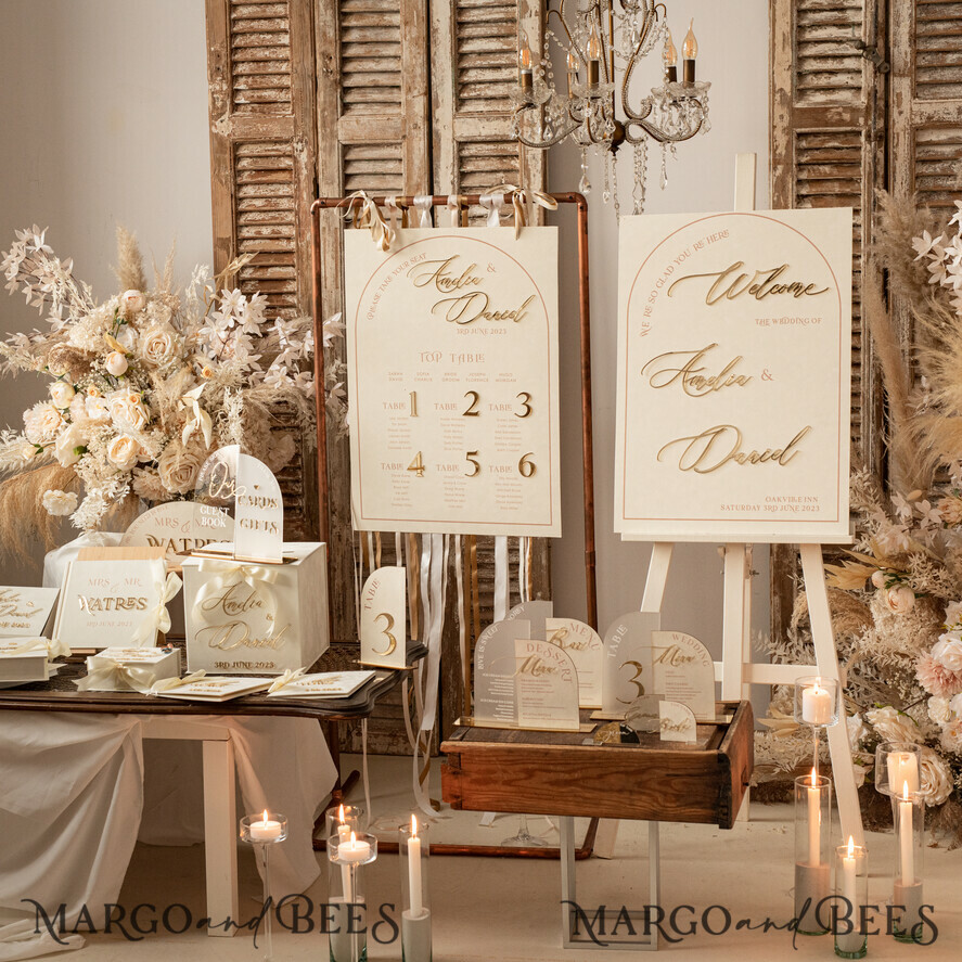 TISCHDEKORATIONSCHILDER   Samt Tischnummern und Dekoration Acrylbogen Tischnummer & Menü-Kombination, klare elfenbeinfarbene Acrylgold-Schild, goldene Plexi-Velour-Tischnummern & Menü-Kombination Luxus-Hochzeits-Tischdekor, Hochzeitsbeschilderung goldene Spiegel-Tischnummern & Menü