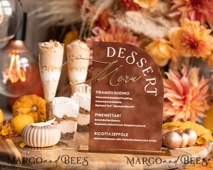 TISCHDEKORATIONSCHILDER   Samt Tischnummern und Dekoration Terrakotta Samt Bogen Dessertmenü, Rostgold Candy-Schild, Goldplexi Tischbogen Kuchenbar Menü, Luxuriöse Hochzeits-Tischdekoration, Hochzeitsbeschilderung Golden Burnt Orange