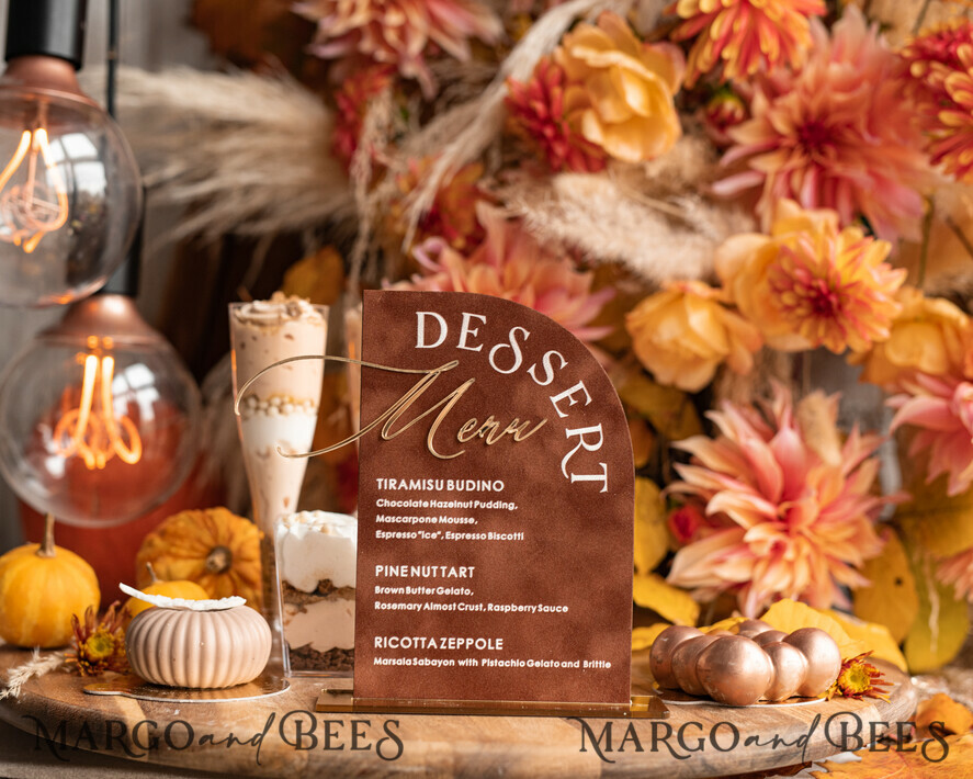TISCHDEKORATIONSCHILDER   Samt Tischnummern und Dekoration Terrakotta Samt Bogen Dessertmenü, Rostgold Candy-Schild, Goldplexi Tischbogen Kuchenbar Menü, Luxuriöse Hochzeits-Tischdekoration, Hochzeitsbeschilderung Golden Burnt Orange