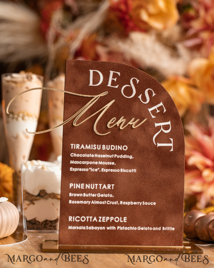 TISCHDEKORATIONSCHILDER   Samt Tischnummern und Dekoration Terrakotta Samt Bogen Dessertmenü, Rostgold Candy-Schild, Goldplexi Tischbogen Kuchenbar Menü, Luxuriöse Hochzeits-Tischdekoration, Hochzeitsbeschilderung Golden Burnt Orange