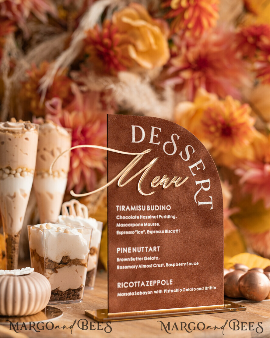 TISCHDEKORATIONSCHILDER   Samt Tischnummern und Dekoration Terrakotta Samt Bogen Dessertmenü, Rostgold Candy-Schild, Goldplexi Tischbogen Kuchenbar Menü, Luxuriöse Hochzeits-Tischdekoration, Hochzeitsbeschilderung Golden Burnt Orange