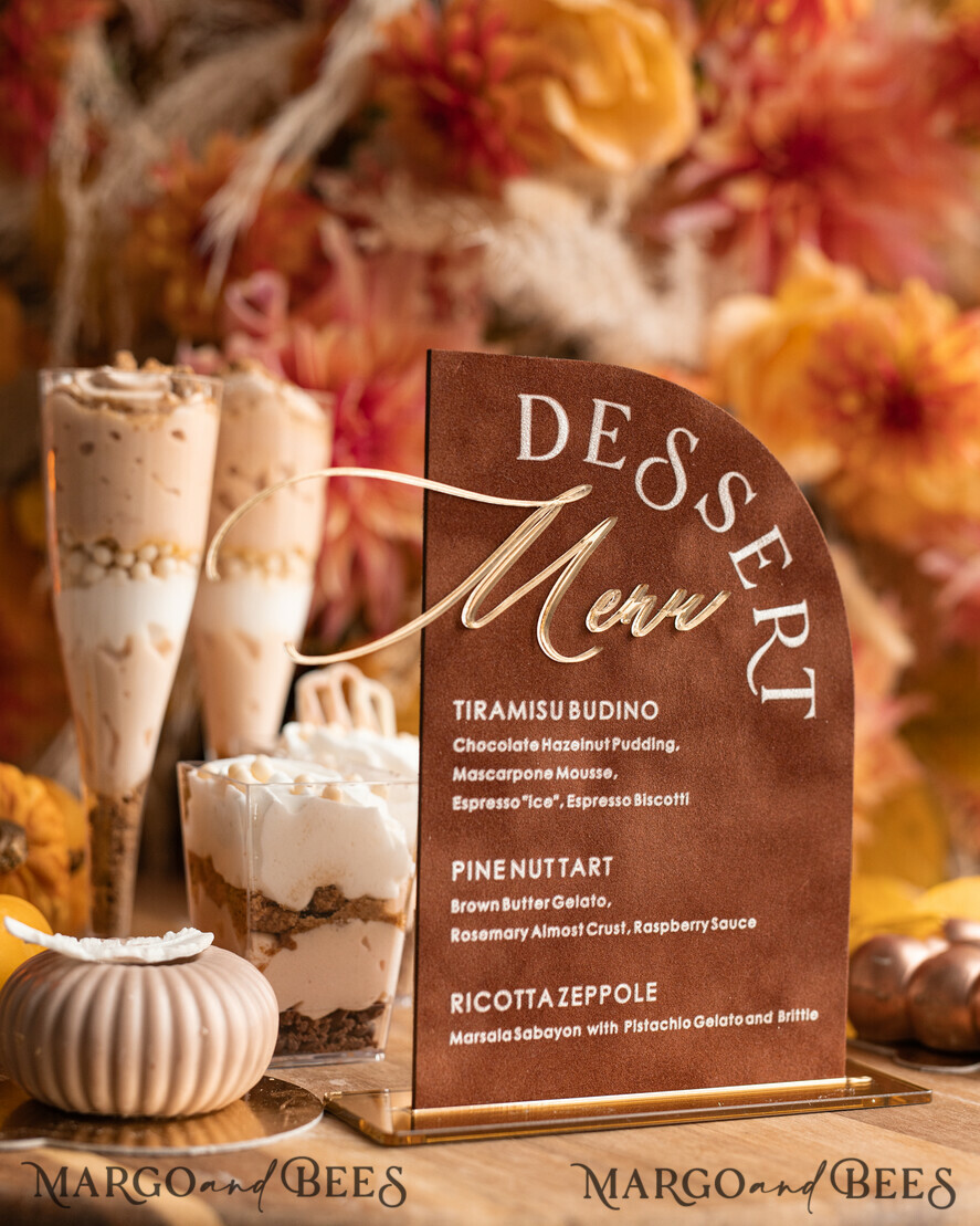 TISCHDEKORATIONSCHILDER   Samt Tischnummern und Dekoration Terrakotta Samt Bogen Dessertmenü, Rostgold Candy-Schild, Goldplexi Tischbogen Kuchenbar Menü, Luxuriöse Hochzeits-Tischdekoration, Hochzeitsbeschilderung Golden Burnt Orange