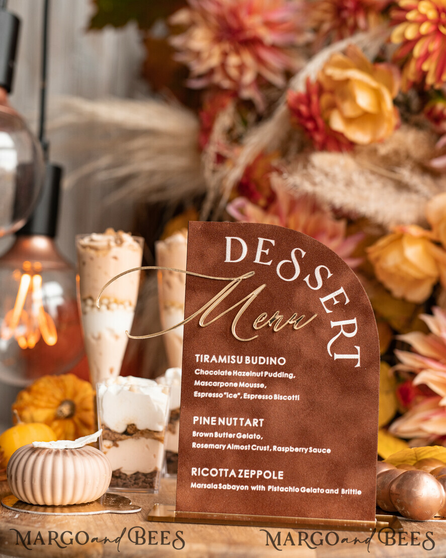 TISCHDEKORATIONSCHILDER   Samt Tischnummern und Dekoration Terrakotta Samt Bogen Dessertmenü, Rostgold Candy-Schild, Goldplexi Tischbogen Kuchenbar Menü, Luxuriöse Hochzeits-Tischdekoration, Hochzeitsbeschilderung Golden Burnt Orange