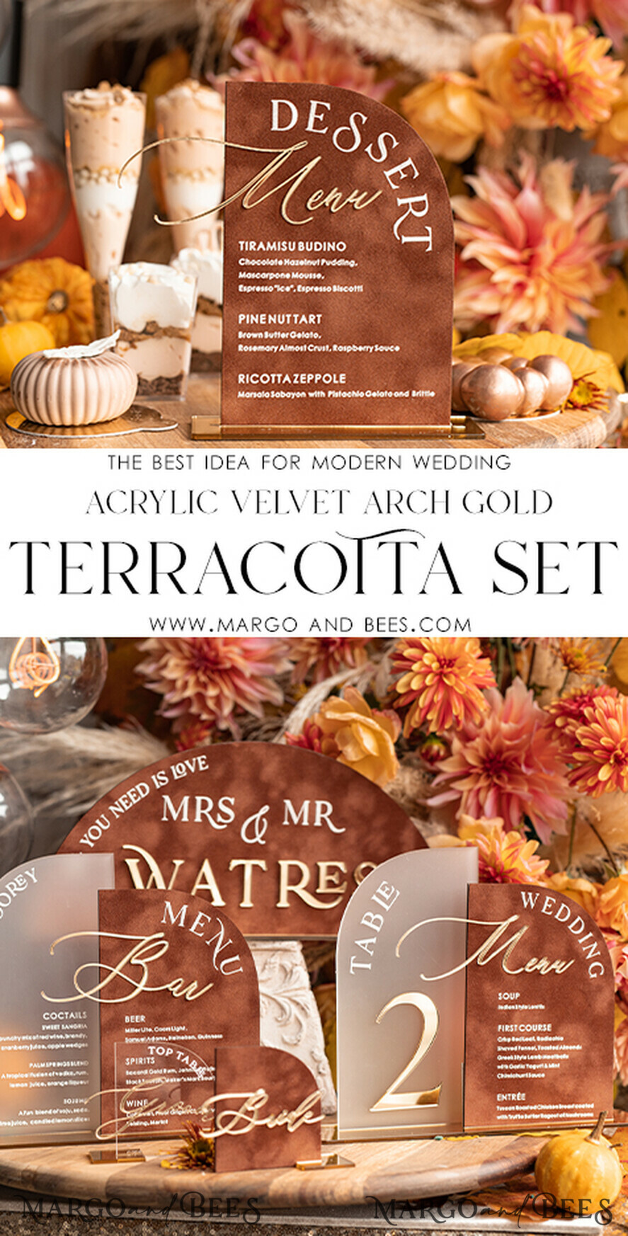 TISCHDEKORATIONSCHILDER   Samt Tischnummern und Dekoration Terrakotta Samt Bogen Dessertmenü, Rostgold Candy-Schild, Goldplexi Tischbogen Kuchenbar Menü, Luxuriöse Hochzeits-Tischdekoration, Hochzeitsbeschilderung Golden Burnt Orange