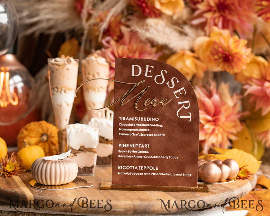 TISCHDEKORATIONSCHILDER   Samt Tischnummern und Dekoration Terrakotta Samt Bogen Dessertmenü, Rostgold Candy-Schild, Goldplexi Tischbogen Kuchenbar Menü, Luxuriöse Hochzeits-Tischdekoration, Hochzeitsbeschilderung Golden Burnt Orange