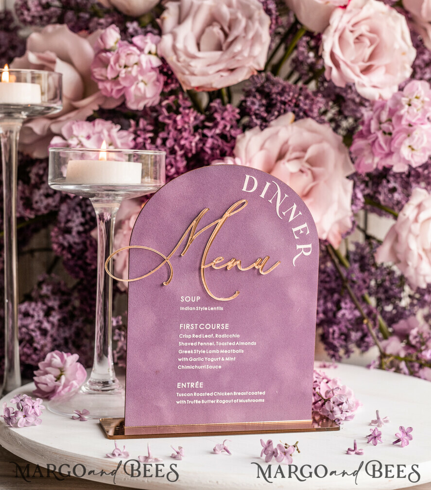 TISCHDEKORATIONSCHILDER   Samt Tischnummern und Dekoration Acryl- und Samt-Arch-Dinner-Menü, gold Plexi Mauve-Hochzeitsmenü-Schild mit Ständer, staubige Rose Plexi Tisch-Dinner-Menü luxuriöse lila Hochzeits-Tischdekoration