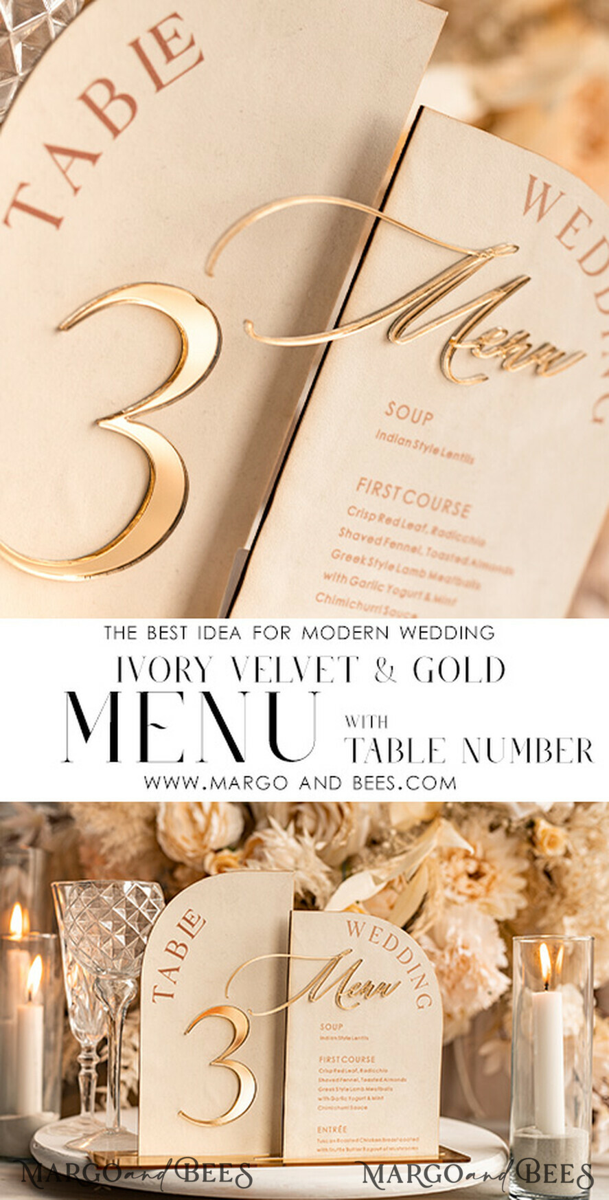 TISCHDEKORATIONSCHILDER   Samt Tischnummern und Dekoration Acrylbogen Tischnummer & Dinner-Menü-Kombination, Samt-Elfenbein Acrylgold-Schild, Gold-Elfenbein Plexi-Samt Tischnummern & Menü-Kombination Luxus Hochzeits Tischdekoration, Hochzeitsbeschilderung Goldene Spiegel Tischnummern & Menü