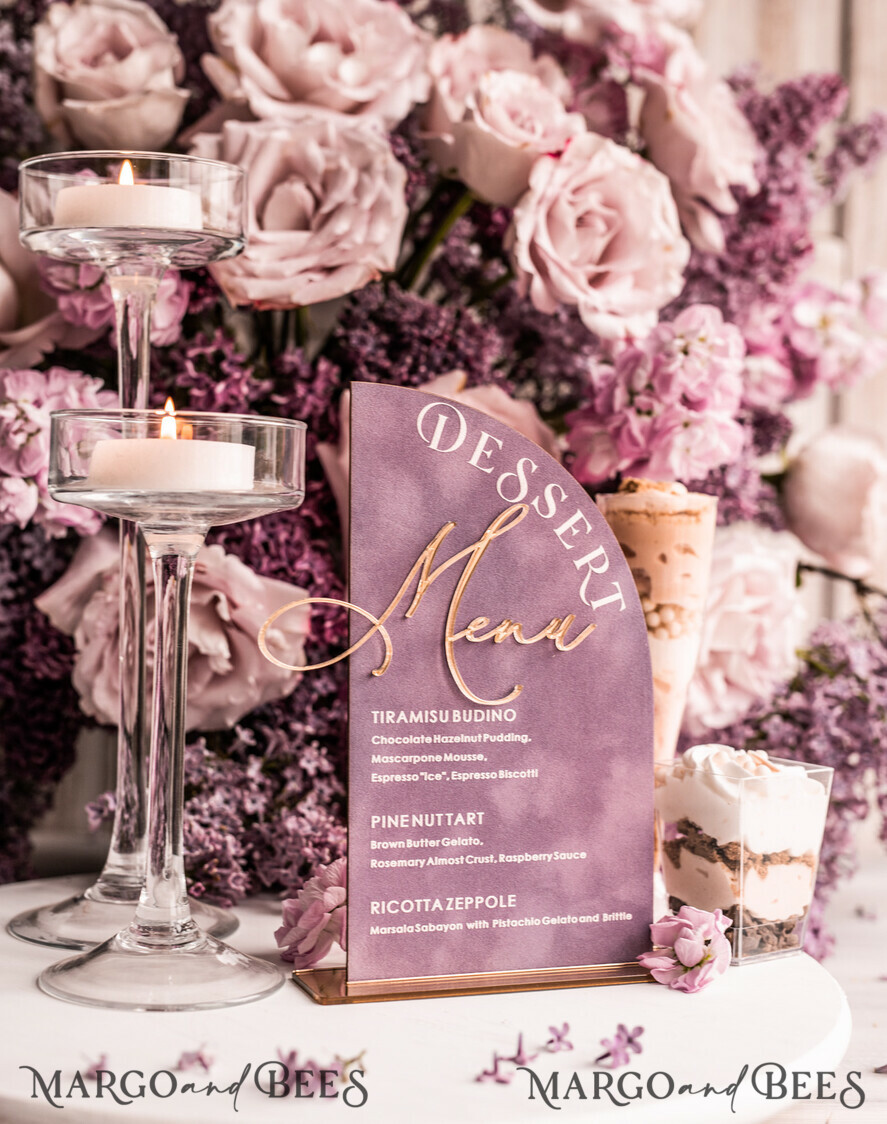 TISCHDEKORATIONSCHILDER   Samt Tischnummern und Dekoration Mauve Velvet Bogen Dessertmenü, Staubiger Rosé Bonbonschild, Gold lila Plexi Tischbogen Kuchenbar Menü, Luxus Acryl Hochzeits Tischdekoration, Hochzeitsbeschilderung Goldene Flieder