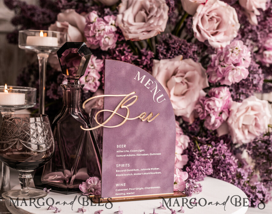 TISCHDEKORATIONSCHILDER   Samt Tischnummern und Dekoration Acryl-Bogen-Bar-Menü, gold Plexi Mauve Samt Getränkebar-Menü-Schild mit Ständer, staubrosa Tischbar-Menü, halb gewölbte Hochzeits-Tischdekoration, lila Getränkebar-Menü