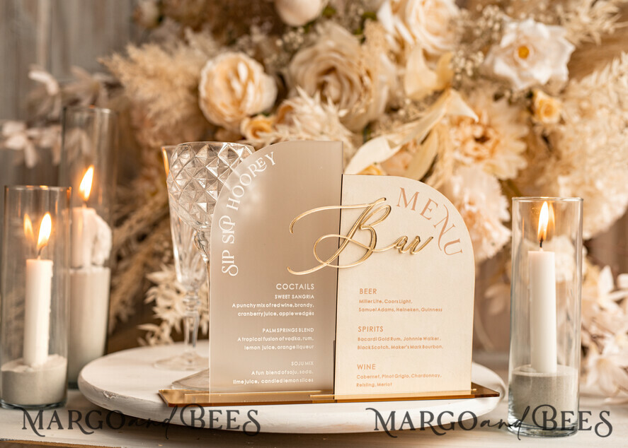 TISCHDEKORATIONSCHILDER   Samt Tischnummern und Dekoration Acrylbogen-Bar-Menü-Kombination, Frosted Plexiglas Gold-Ivory-Velours-Getränke-Bar-Menü-Schild mit Ständer, Beige Plexi-Tisch-Bar-Menü-Kombination Luxus-Hochzeits-Tischdeko, Hochzeitsschild Ecru Getränke-Bar-Menü