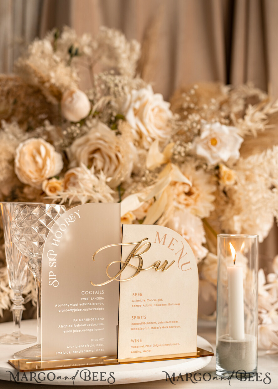 TISCHDEKORATIONSCHILDER   Samt Tischnummern und Dekoration Acrylbogen-Bar-Menü-Kombination, Frosted Plexiglas Gold-Ivory-Velours-Getränke-Bar-Menü-Schild mit Ständer, Beige Plexi-Tisch-Bar-Menü-Kombination Luxus-Hochzeits-Tischdeko, Hochzeitsschild Ecru Getränke-Bar-Menü