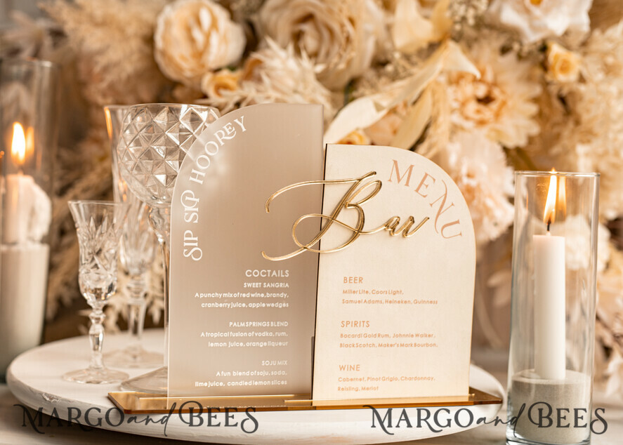 TISCHDEKORATIONSCHILDER   Samt Tischnummern und Dekoration Acrylbogen-Bar-Menü-Kombination, Frosted Plexiglas Gold-Ivory-Velours-Getränke-Bar-Menü-Schild mit Ständer, Beige Plexi-Tisch-Bar-Menü-Kombination Luxus-Hochzeits-Tischdeko, Hochzeitsschild Ecru Getränke-Bar-Menü