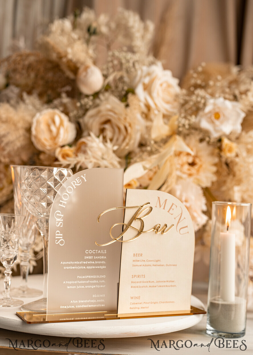 TISCHDEKORATIONSCHILDER   Samt Tischnummern und Dekoration Acrylbogen-Bar-Menü-Kombination, Frosted Plexiglas Gold-Ivory-Velours-Getränke-Bar-Menü-Schild mit Ständer, Beige Plexi-Tisch-Bar-Menü-Kombination Luxus-Hochzeits-Tischdeko, Hochzeitsschild Ecru Getränke-Bar-Menü