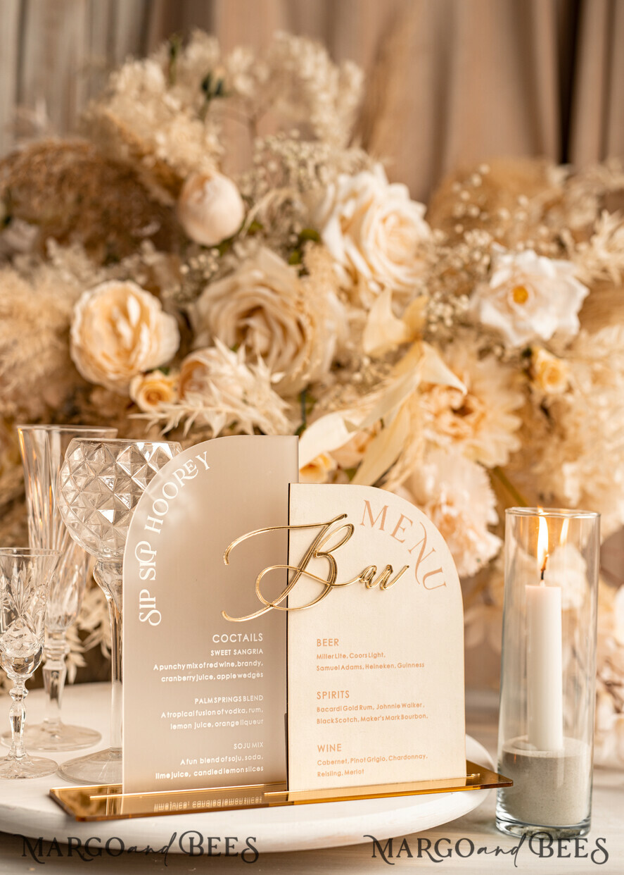 TISCHDEKORATIONSCHILDER   Samt Tischnummern und Dekoration Acrylbogen-Bar-Menü-Kombination, Frosted Plexiglas Gold-Ivory-Velours-Getränke-Bar-Menü-Schild mit Ständer, Beige Plexi-Tisch-Bar-Menü-Kombination Luxus-Hochzeits-Tischdeko, Hochzeitsschild Ecru Getränke-Bar-Menü