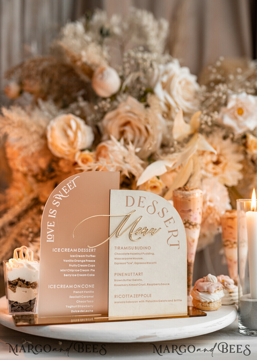 TISCHDEKORATIONSCHILDER   Samt Tischnummern und Dekoration Acrylbogen Dessertmenü, Elfenbein gefrorenes Acryl Gold Candy Bar Schild, Gold Plexi Tisch Dessertmenü Kombi Luxus Hochzeits Tisch Dekor, Hochzeitsbeschilderung Gold.