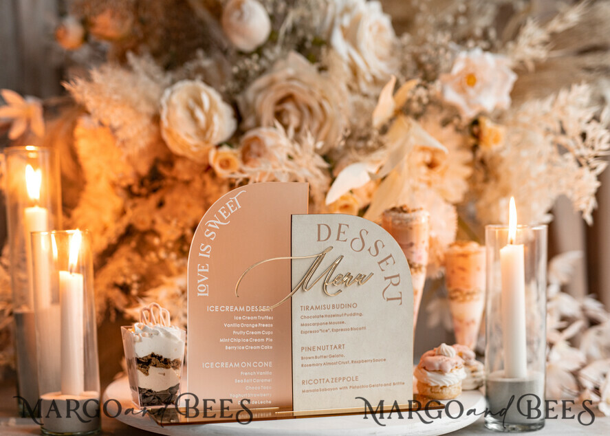 TISCHDEKORATIONSCHILDER   Samt Tischnummern und Dekoration Acrylbogen Dessertmenü, Elfenbein gefrorenes Acryl Gold Candy Bar Schild, Gold Plexi Tisch Dessertmenü Kombi Luxus Hochzeits Tisch Dekor, Hochzeitsbeschilderung Gold.