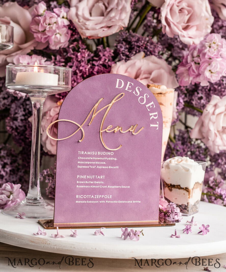 TISCHDEKORATIONSCHILDER   Samt Tischnummern und Dekoration Mauve Samt Bogen Dessertmenü, Staubige Rosé Bonbonschild, Gold Plexi Tischbogen Hochzeits-Dessertmenü, Luxuriöse Hochzeits Tischdekoration, MvS