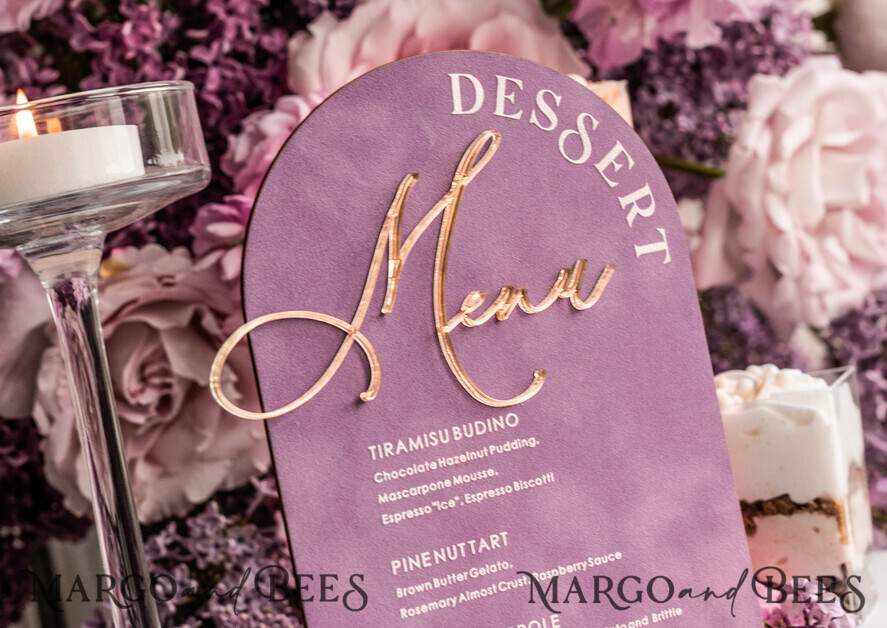 TISCHDEKORATIONSCHILDER   Samt Tischnummern und Dekoration Mauve Samt Bogen Dessertmenü, Staubige Rosé Bonbonschild, Gold Plexi Tischbogen Hochzeits-Dessertmenü, Luxuriöse Hochzeits Tischdekoration, MvS