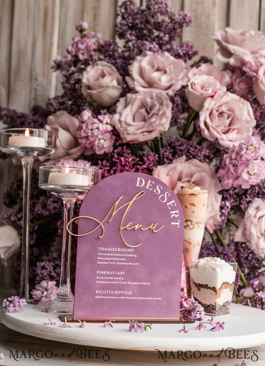 TISCHDEKORATIONSCHILDER   Samt Tischnummern und Dekoration Mauve Samt Bogen Dessertmenü, Staubige Rosé Bonbonschild, Gold Plexi Tischbogen Hochzeits-Dessertmenü, Luxuriöse Hochzeits Tischdekoration, MvS