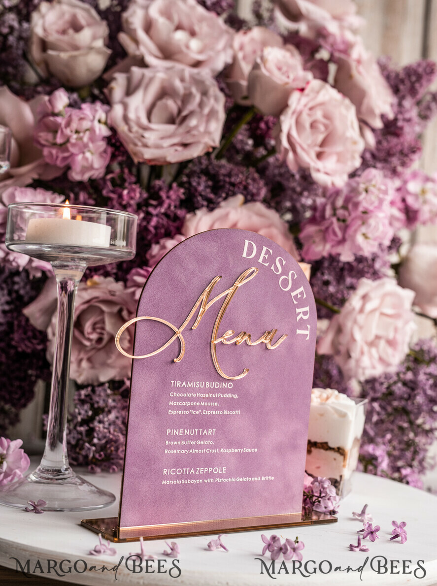 TISCHDEKORATIONSCHILDER   Samt Tischnummern und Dekoration Mauve Samt Bogen Dessertmenü, Staubige Rosé Bonbonschild, Gold Plexi Tischbogen Hochzeits-Dessertmenü, Luxuriöse Hochzeits Tischdekoration, MvS