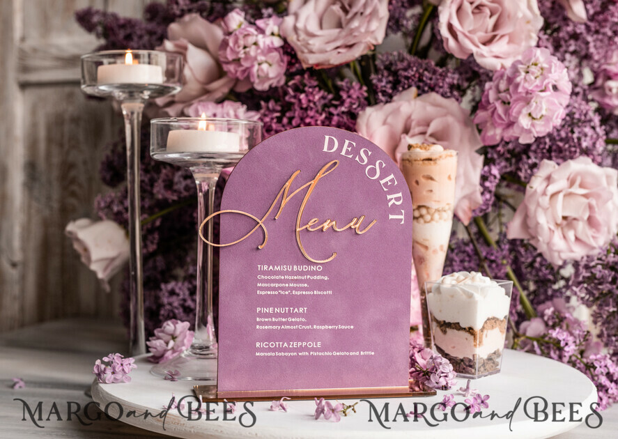 TISCHDEKORATIONSCHILDER   Samt Tischnummern und Dekoration Mauve Samt Bogen Dessertmenü, Staubige Rosé Bonbonschild, Gold Plexi Tischbogen Hochzeits-Dessertmenü, Luxuriöse Hochzeits Tischdekoration, MvS