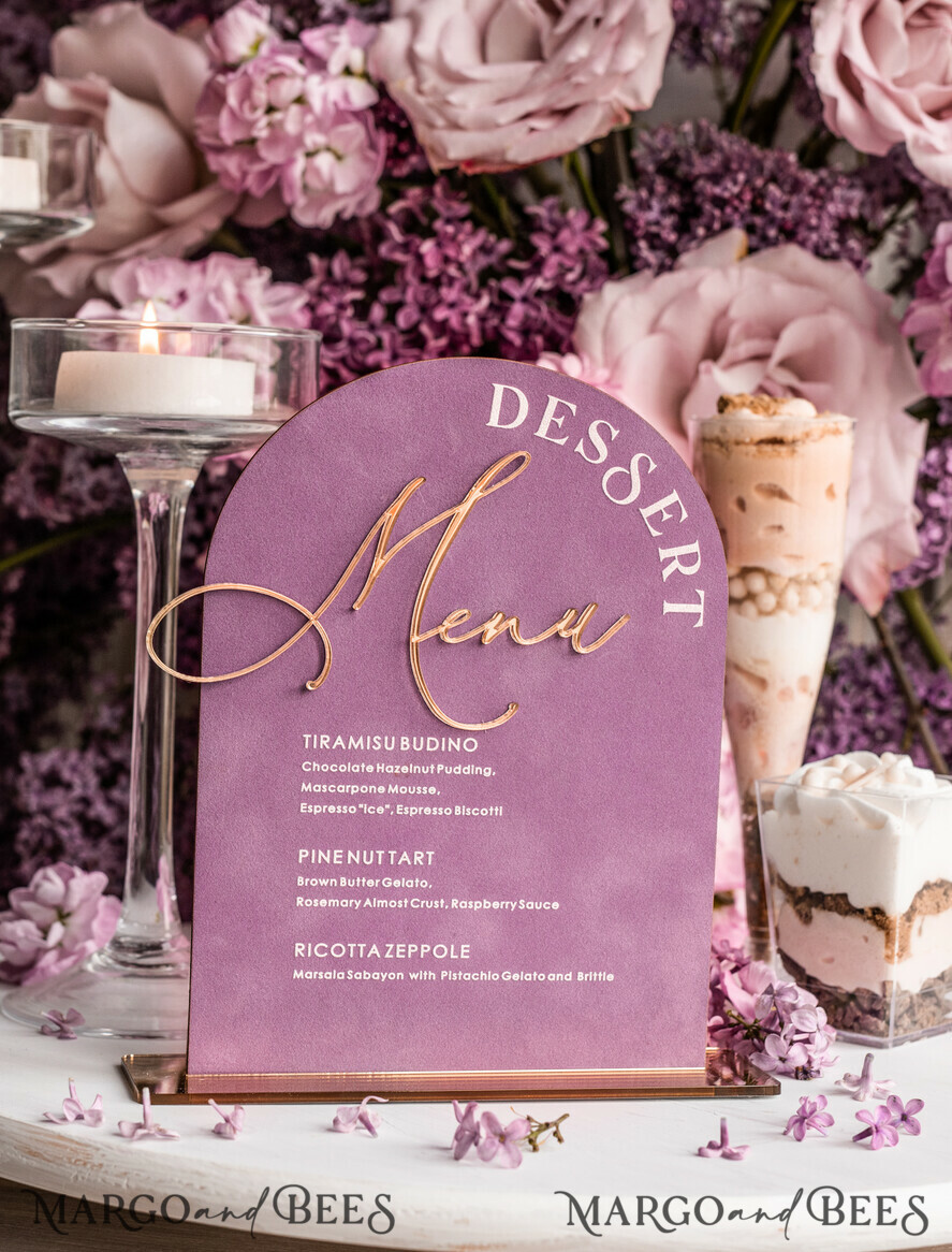 TISCHDEKORATIONSCHILDER   Samt Tischnummern und Dekoration Mauve Samt Bogen Dessertmenü, Staubige Rosé Bonbonschild, Gold Plexi Tischbogen Hochzeits-Dessertmenü, Luxuriöse Hochzeits Tischdekoration, MvS