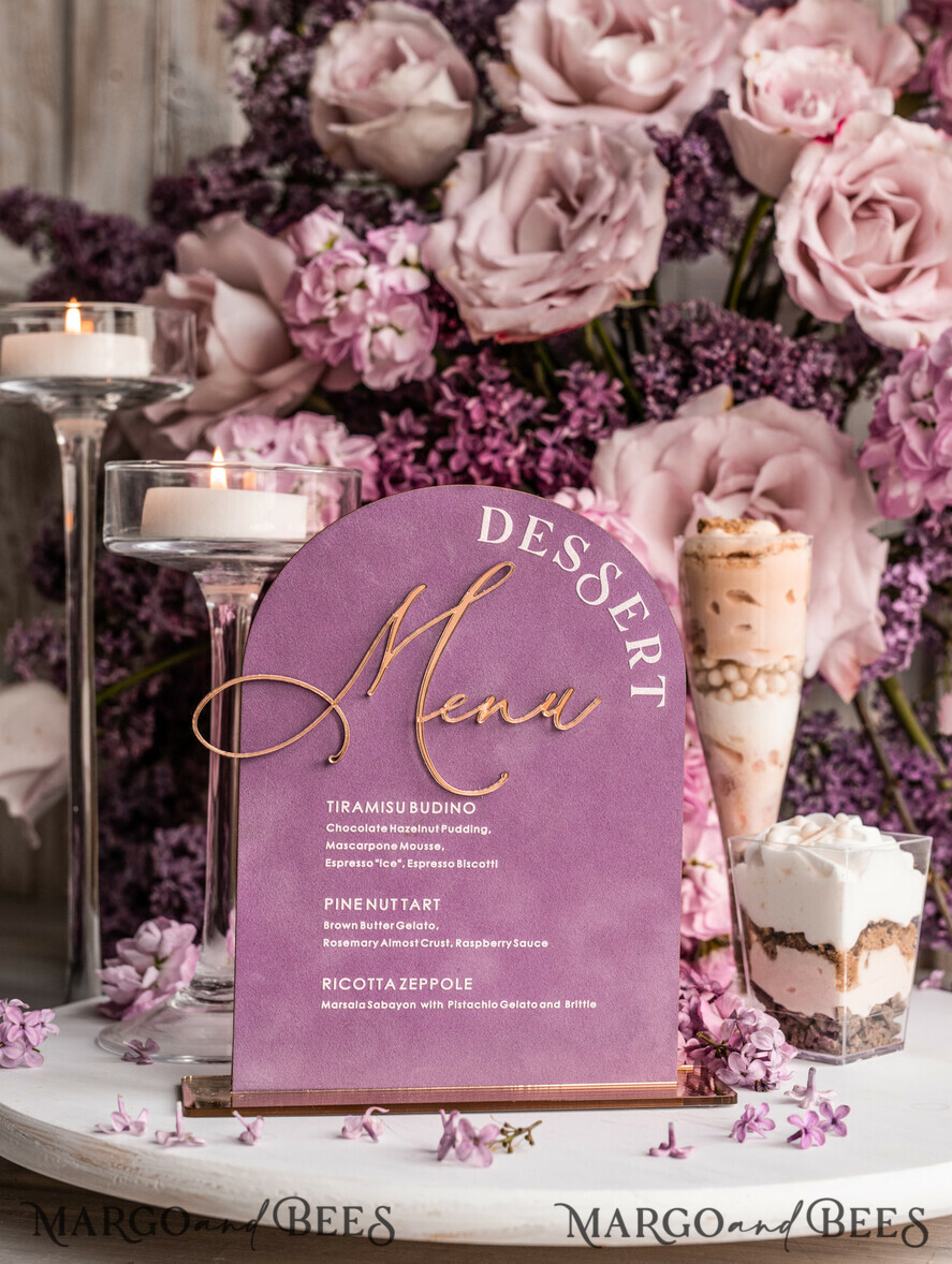 TISCHDEKORATIONSCHILDER   Samt Tischnummern und Dekoration Mauve Samt Bogen Dessertmenü, Staubige Rosé Bonbonschild, Gold Plexi Tischbogen Hochzeits-Dessertmenü, Luxuriöse Hochzeits Tischdekoration, MvS
