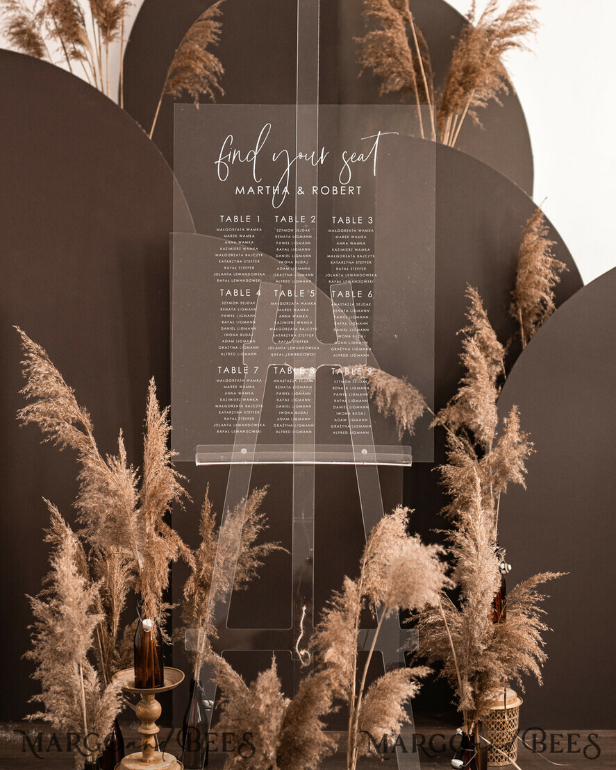 TISCHPLÄNE UND WILLKOMMENSCHILDER FÜR HOCHZEITEN klarer Acryl Acryl klar transparent Moderner klar transparenter Sitzplan, 3D Elegantes Finden Sie Ihren Platz - Sitzplan-Schild, klarer Hochzeittischplan, Hochzeitsdekoration mit weißen Buchstaben - Acryl klare Empfangsbeschilderung - Individuelles Zeremonieschild