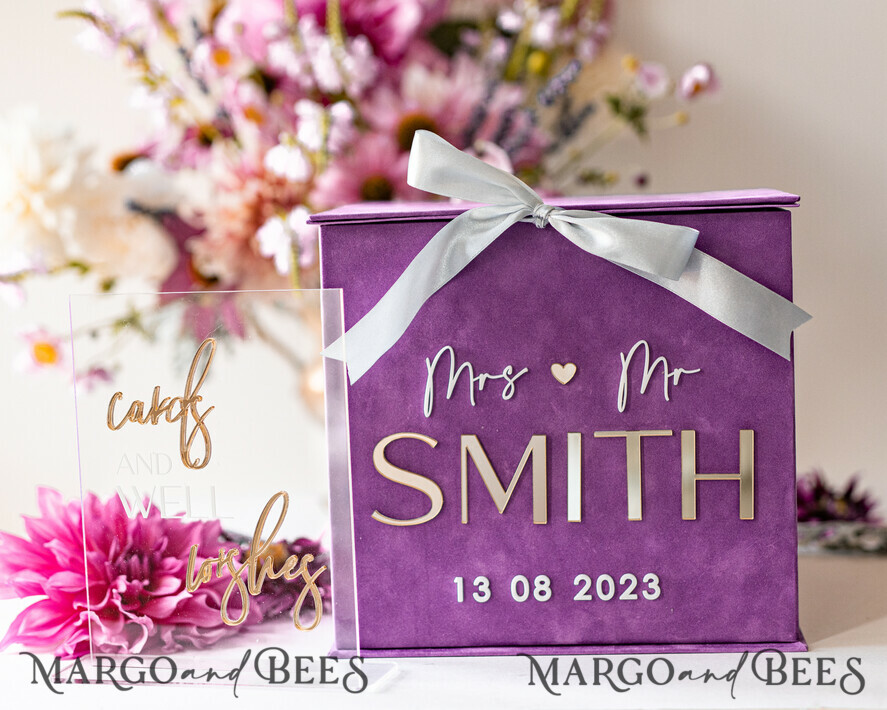 KARTONBOXEN  
 Samtkartenboxen Geschenkkartenbox & Karten mit besten Wünschen Set, Samt lila Hochzeitswunschbrunnen Geschenkkartenbox, personalisierte Hochzeitskartenbox, Luxus Kartenbox, Hochzeitskartenbox mit Deckel, Hochzeitsgeldbox, Hochzeitskartenbox.