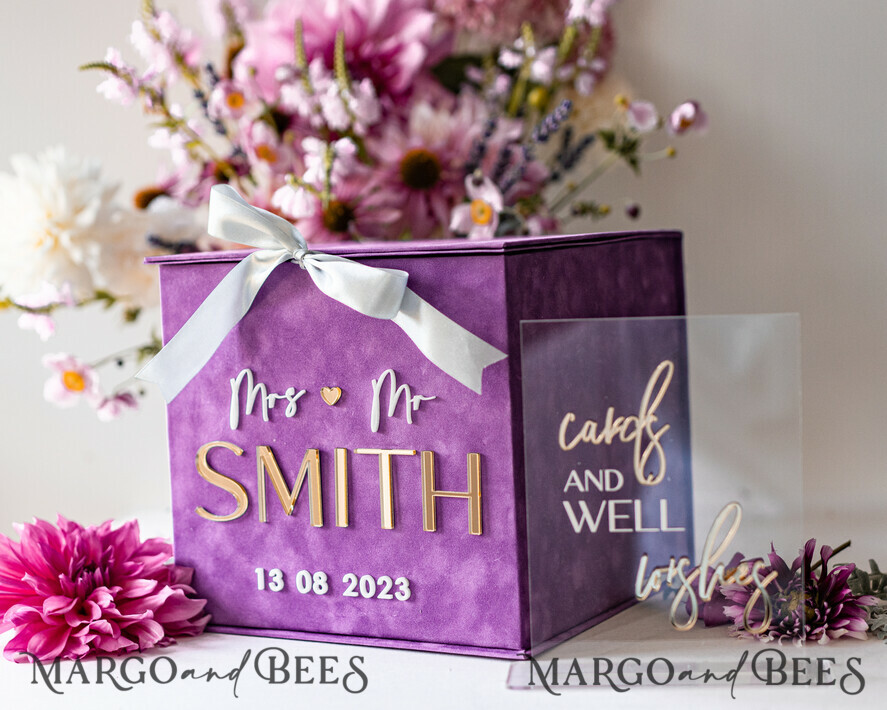 KARTONBOXEN  
 Samtkartenboxen Geschenkkartenbox & Karten mit besten Wünschen Set, Samt lila Hochzeitswunschbrunnen Geschenkkartenbox, personalisierte Hochzeitskartenbox, Luxus Kartenbox, Hochzeitskartenbox mit Deckel, Hochzeitsgeldbox, Hochzeitskartenbox.