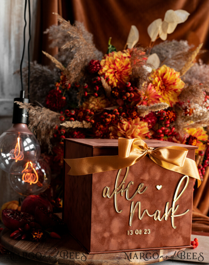 KARTONBOXEN  
 Samtkartenboxen Terracotta Fall Card Box und Arch Acrylkarten & Geschenkschilder, Samt Rost Hochzeit Kartenbox mit Deckel, verbrannte Orange Hochzeitsgeldbox, Kupfer Hochzeitskartenbox Karten und Geschenke Arch Acrylschild Set