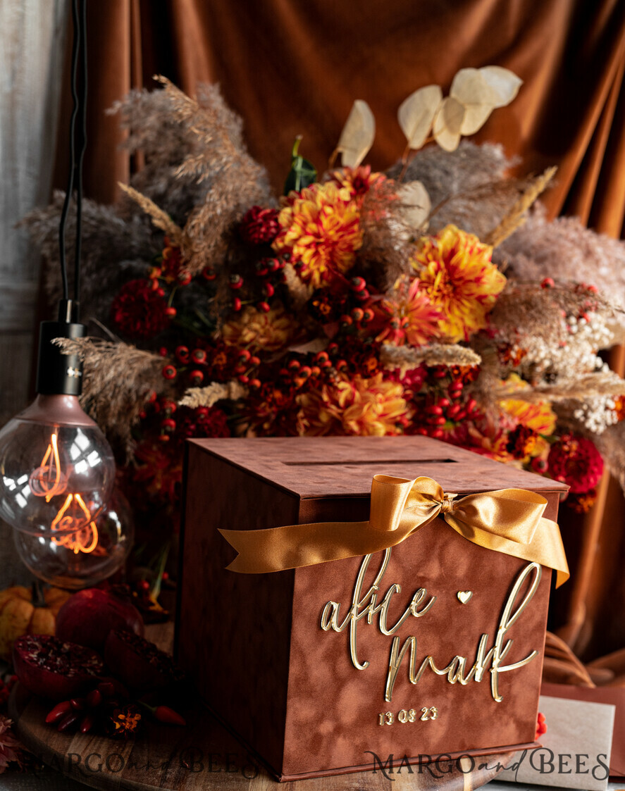 KARTONBOXEN  
 Samtkartenboxen Terracotta Fall Card Box und Arch Acrylkarten & Geschenkschilder, Samt Rost Hochzeit Kartenbox mit Deckel, verbrannte Orange Hochzeitsgeldbox, Kupfer Hochzeitskartenbox Karten und Geschenke Arch Acrylschild Set