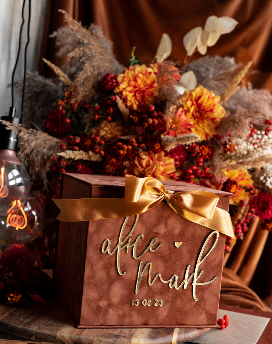 KARTONBOXEN  
 Samtkartenboxen Terracotta Fall Card Box und Arch Acrylkarten & Geschenkschilder, Samt Rost Hochzeit Kartenbox mit Deckel, verbrannte Orange Hochzeitsgeldbox, Kupfer Hochzeitskartenbox Karten und Geschenke Arch Acrylschild Set