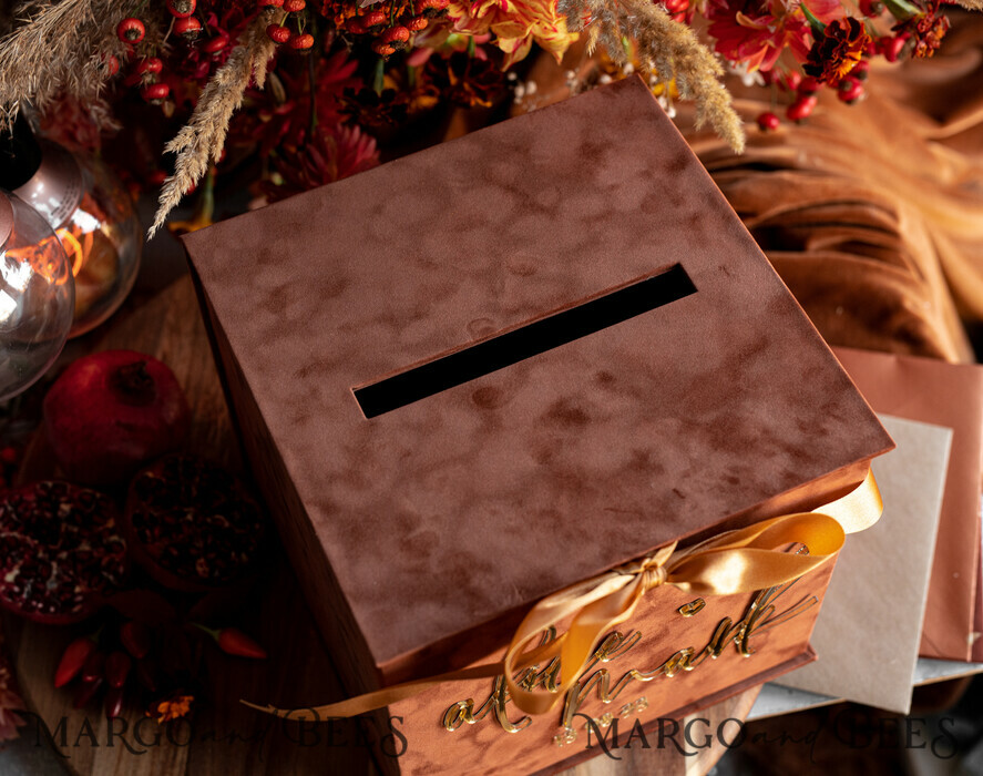 KARTONBOXEN  
 Samtkartenboxen Terracotta Fall Card Box und Arch Acrylkarten & Geschenkschilder, Samt Rost Hochzeit Kartenbox mit Deckel, verbrannte Orange Hochzeitsgeldbox, Kupfer Hochzeitskartenbox Karten und Geschenke Arch Acrylschild Set