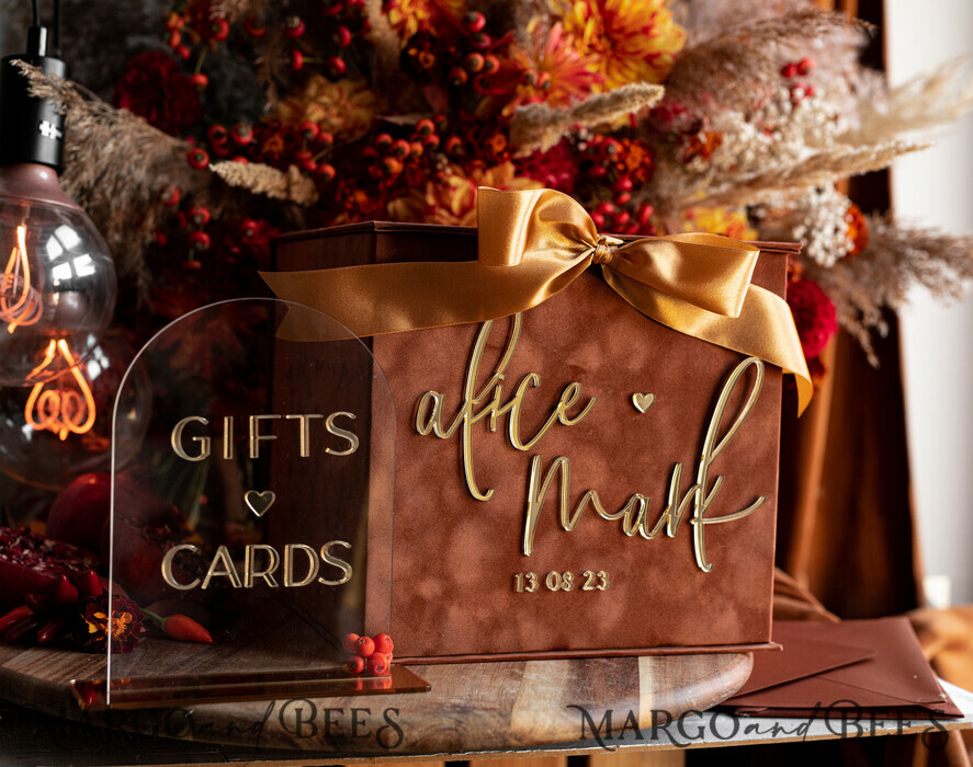KARTONBOXEN  
 Samtkartenboxen Terracotta Fall Card Box und Arch Acrylkarten & Geschenkschilder, Samt Rost Hochzeit Kartenbox mit Deckel, verbrannte Orange Hochzeitsgeldbox, Kupfer Hochzeitskartenbox Karten und Geschenke Arch Acrylschild Set