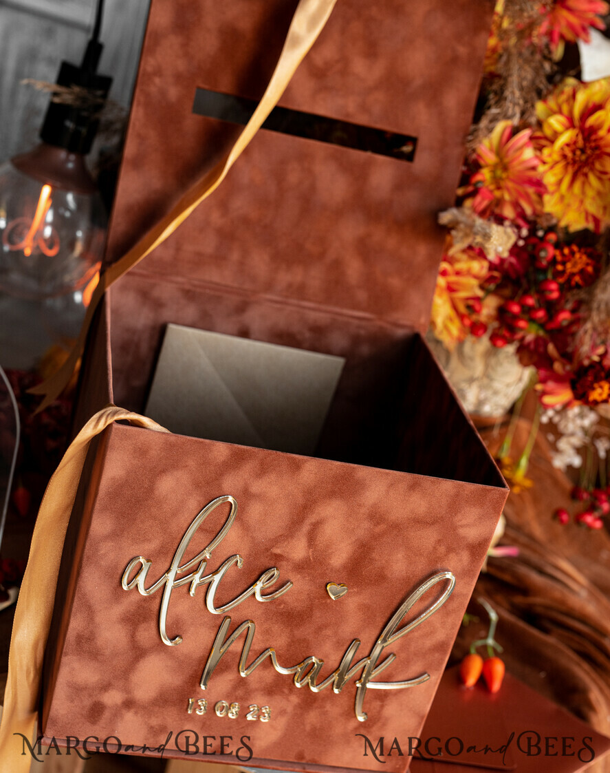KARTONBOXEN  
 Samtkartenboxen Terracotta Fall Card Box und Arch Acrylkarten & Geschenkschilder, Samt Rost Hochzeit Kartenbox mit Deckel, verbrannte Orange Hochzeitsgeldbox, Kupfer Hochzeitskartenbox Karten und Geschenke Arch Acrylschild Set