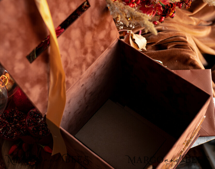 KARTONBOXEN  
 Samtkartenboxen Terracotta Fall Card Box und Arch Acrylkarten & Geschenkschilder, Samt Rost Hochzeit Kartenbox mit Deckel, verbrannte Orange Hochzeitsgeldbox, Kupfer Hochzeitskartenbox Karten und Geschenke Arch Acrylschild Set