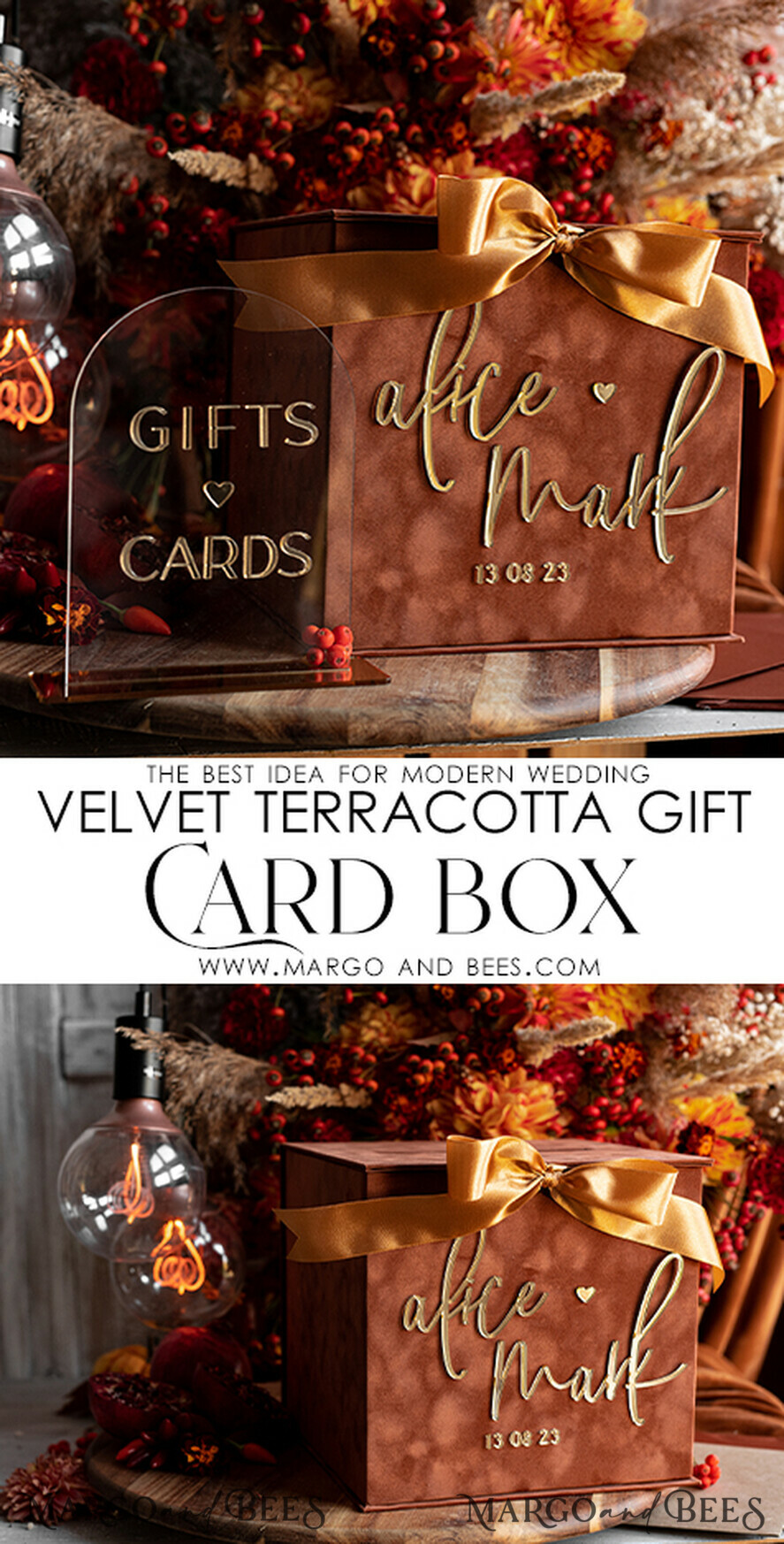KARTONBOXEN  
 Samtkartenboxen Terracotta Fall Card Box und Arch Acrylkarten & Geschenkschilder, Samt Rost Hochzeit Kartenbox mit Deckel, verbrannte Orange Hochzeitsgeldbox, Kupfer Hochzeitskartenbox Karten und Geschenke Arch Acrylschild Set