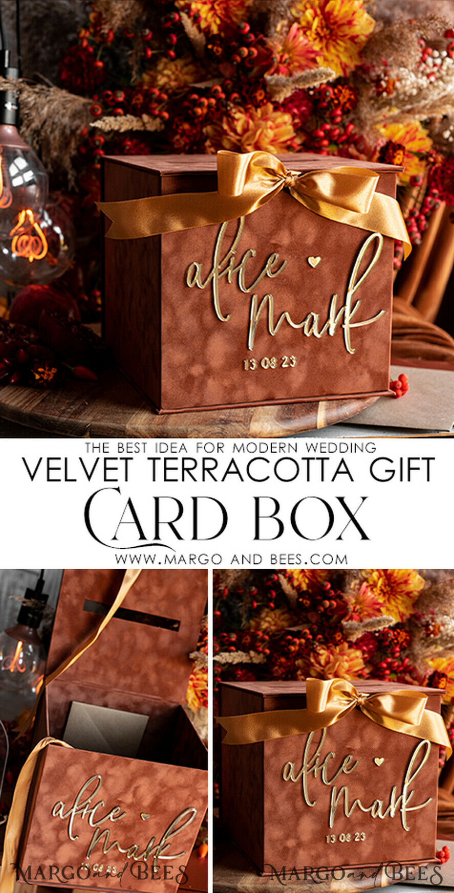KARTONBOXEN  
 Samtkartenboxen Terracotta Fall Card Box und Arch Acrylkarten & Geschenkschilder, Samt Rost Hochzeit Kartenbox mit Deckel, verbrannte Orange Hochzeitsgeldbox, Kupfer Hochzeitskartenbox Karten und Geschenke Arch Acrylschild Set