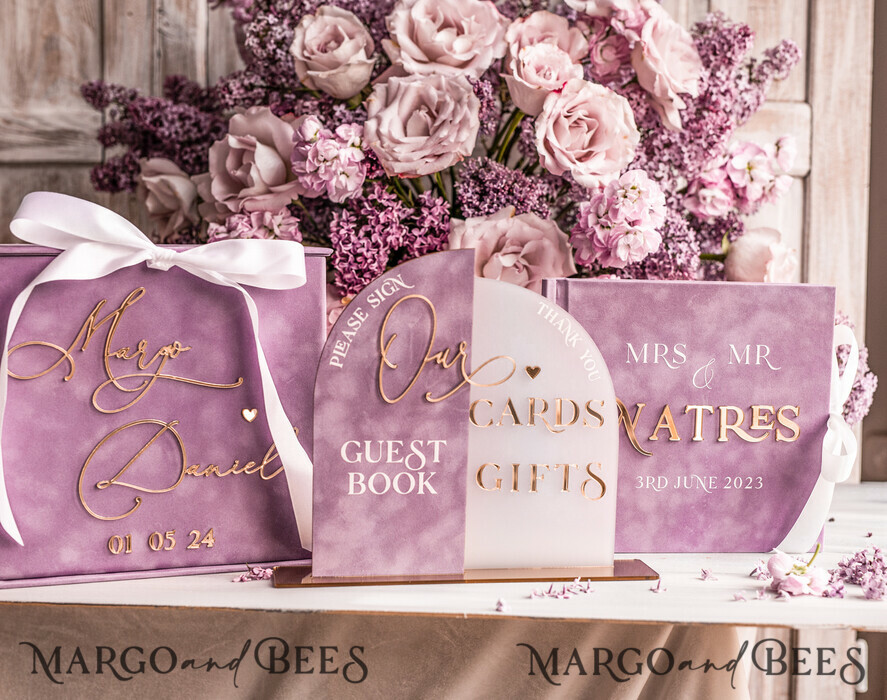KARTONBOXEN  
 Samtkartenboxen Samtkartenbox Gästebuch & Schild, Hochzeitskartenbox mit Deckel, Sofort Instax Gästebuch, Mauve Hochzeitsgeldbox Sing Gästebuch Set, Mauve Kartenbox mit slo